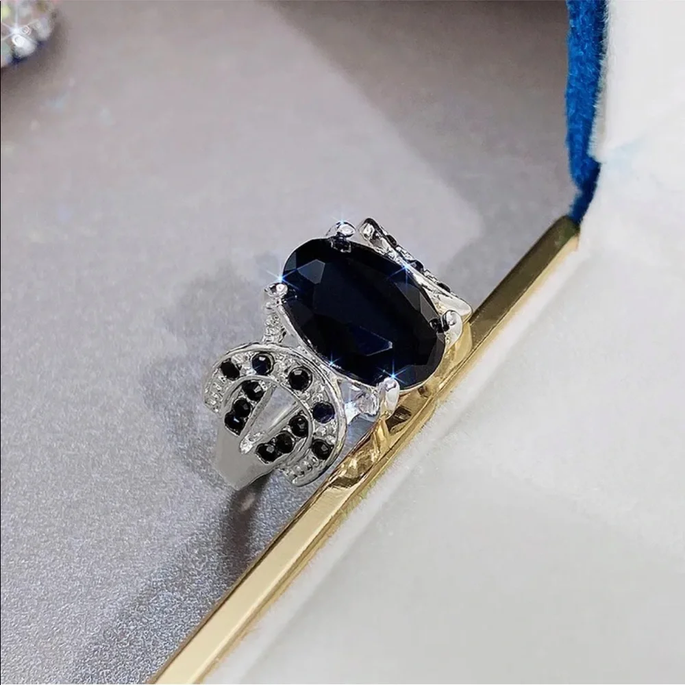 New Elegant 925 Silver Jewelry Fashion Women Black Sapphire Ring - Picture 4 of 6